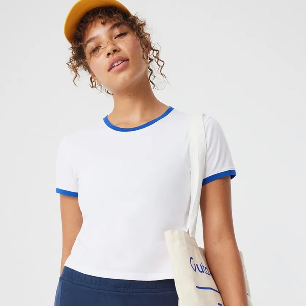 Outdoor Voices Ringer Shortsleeve Shirt (XS, White & Blue)